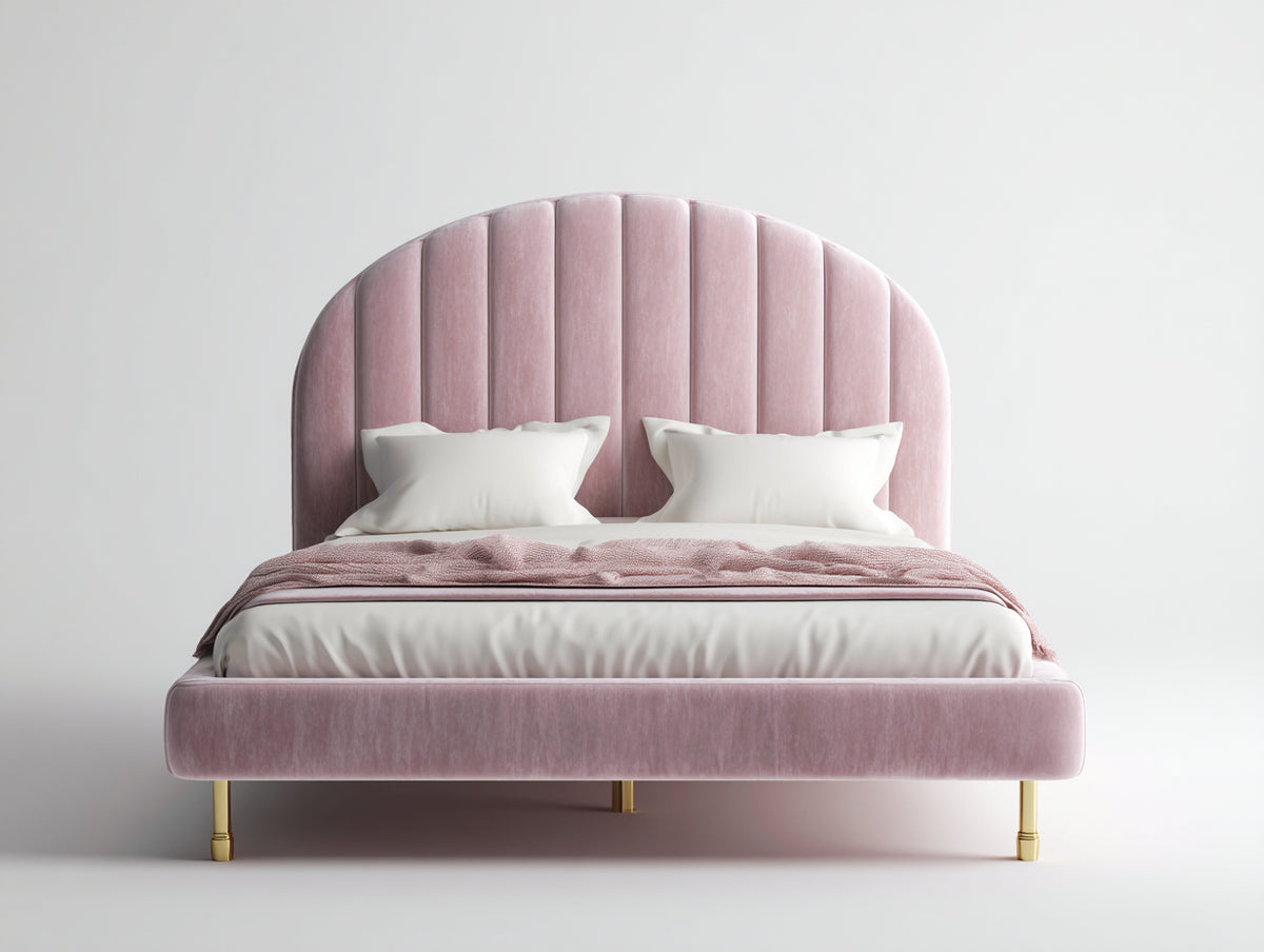 Lit double - Velours - 209x163x128 cm - Rose clair-Doré - Art déco