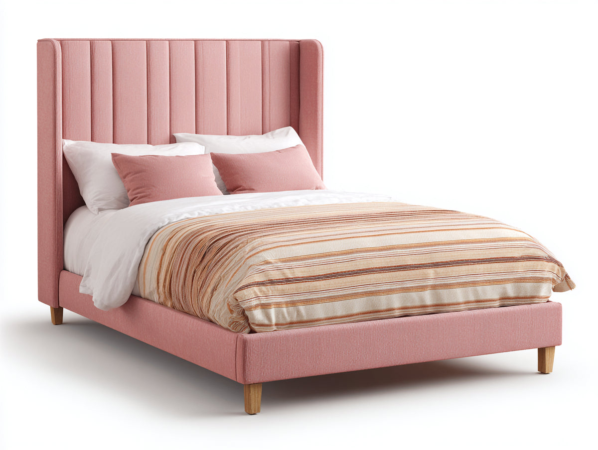 Lit double - Tissu - 213x162x140 cm - Rose poudré-Bois naturel - Moderne