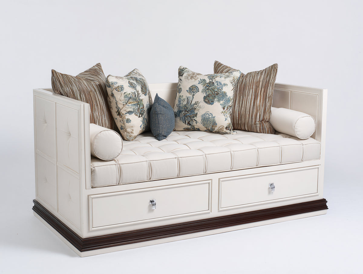 Canapé lit - Bois-Tissu - 204 x 100 x 88 cm - Blanc cassé-Bois foncé - Style classique contemporain avec rangement