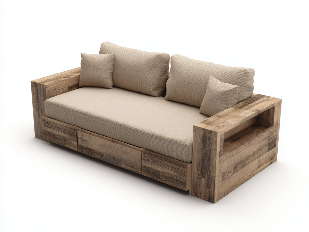 Canapé 2 places-Tissu-Bois-190x95x78 cm-Beige-Bois naturel-Style rustique moderne