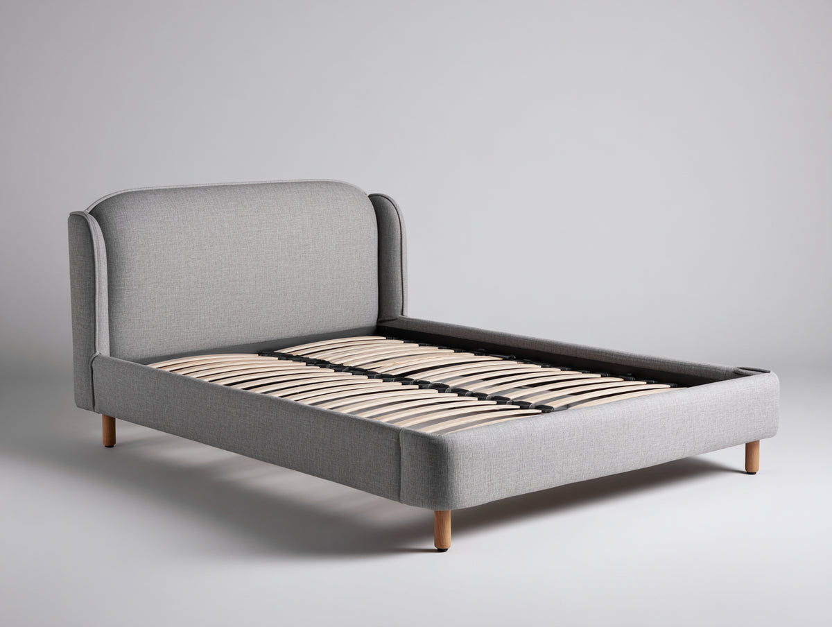 Lit double - Tissu-Bois - 215 x 173 x 111 cm - Gris clair-Bois naturel - Style scandinave contemporain