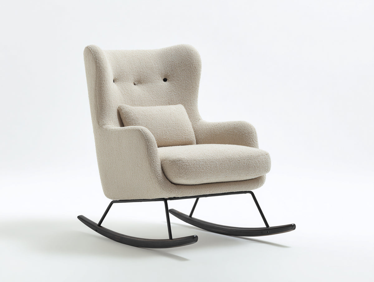 Fauteuil à bascule - tissu bouclé-métal - 90 x 95 x 108 cm - écru-noir - style contemporain