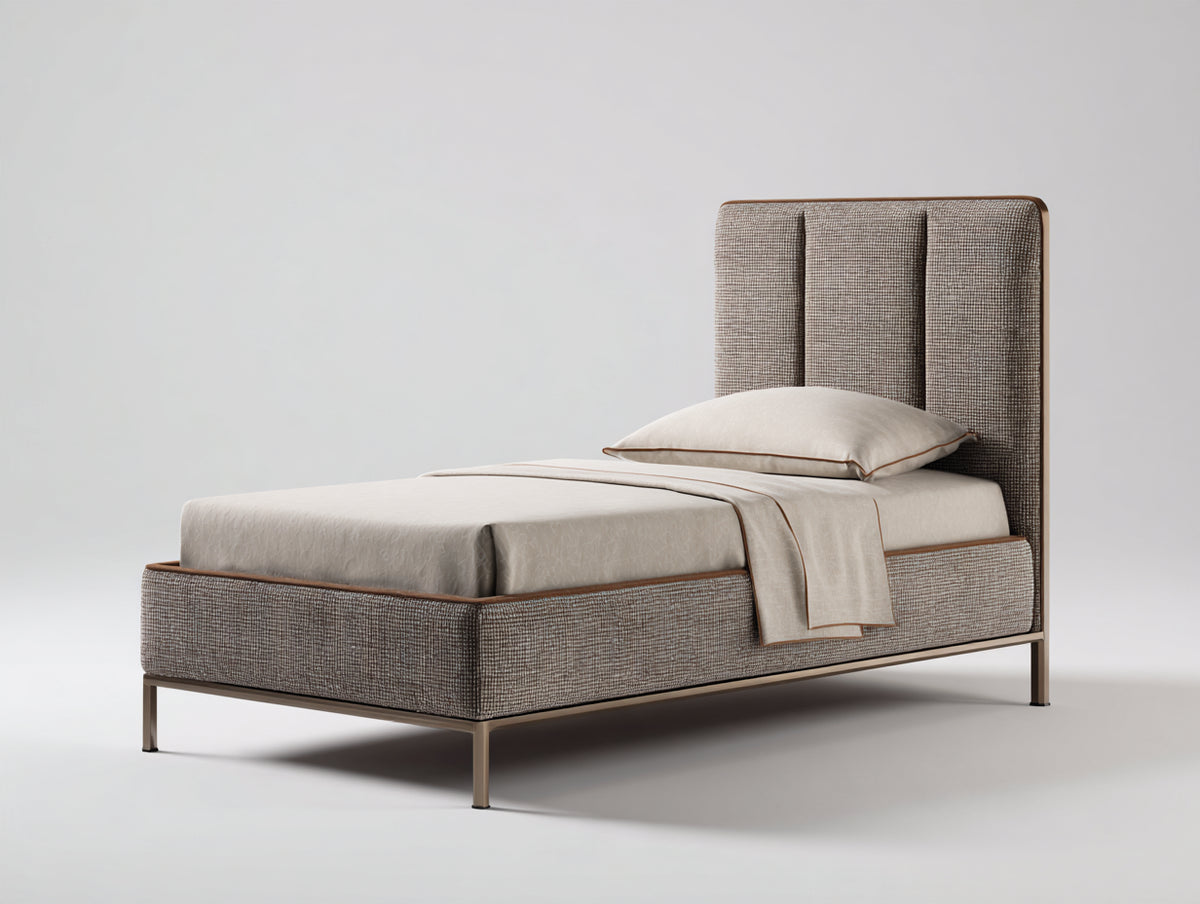 Lit simple - Tissu - 211x104x137 cm - Gris taupe - Moderne
