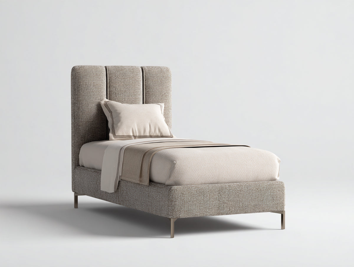 Lit simple - Tissu-Métal - 207 x 106 x 112 cm - Beige taupe - Style contemporain à tête de lit verticale